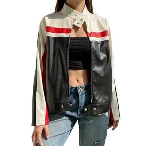 Black Cream Red Stripe Pleather Zip Up High Neck Biker Jacket Women's Small